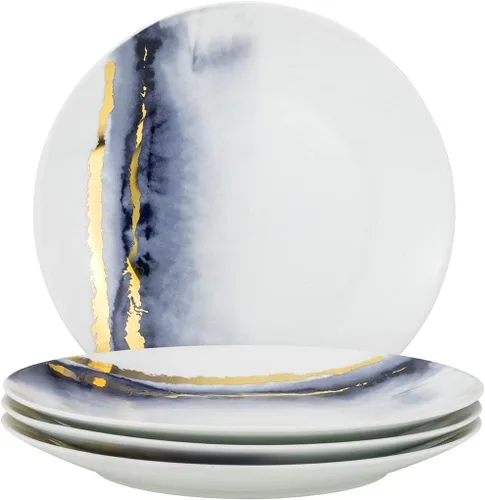 Vista 2 de Euro Porcelain Juego de comedor de mármol azul de 16 piezas, vajilla de porcelana fina con servicio de acento de placa de oro de 24 quilates para 4