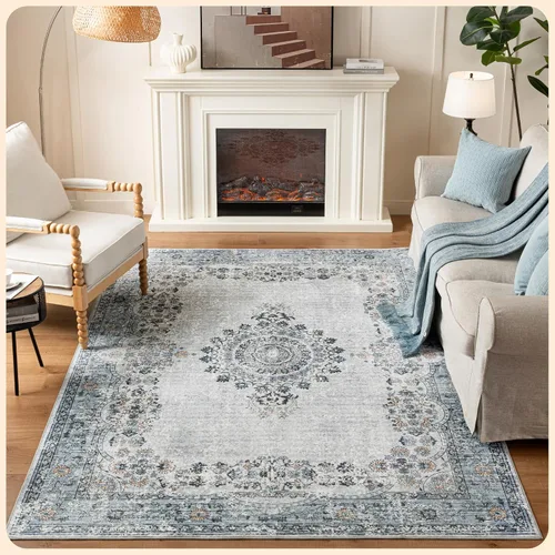 Vista 372 de Istana Alfombra larga antideslizante de 2.5 x 8 para el hogar, para pasillo y cocina, lavable, sedosa y suave al tacto, elegante, color azul y marfil