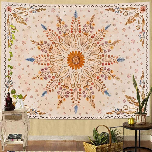 Vista 29 de Fowocu Tapiz bohemio con mandala floral para colgar en la pared, medallón de flores bohemias, tapiz estético, beige, naranja, hippie, indio, pequeño