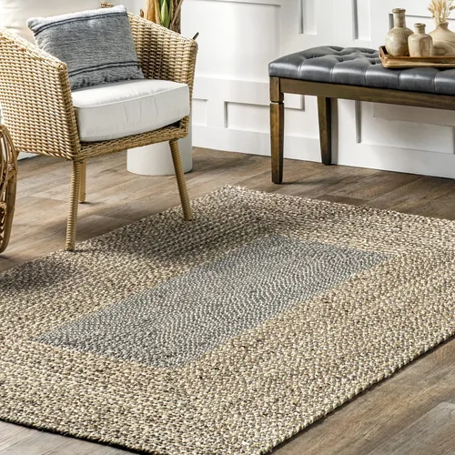 Vista 8 de nuLOOM Discotek alfombra de área trenzada de yute, 6 pies, redonda, color gris Nuloom Draya Bordered - Alfombra redonda de yute de lana de 6 pies