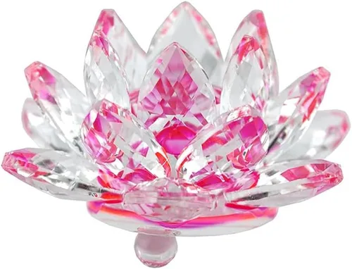 Vista 10 de Loto de cristal transparente, flor de cristal brillante con caja de regalo, reflejo de tono, purpurina, paz, pureza, buena fortuna, sabiduría