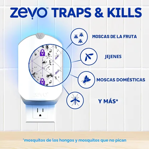 Vista 5 de Trampa para Insectos Voladores y Cartucho Zevo - Trampa para Moscas Enchufable y Atrapa Insectos de Interior para Jejenes, Moscas Domésticas