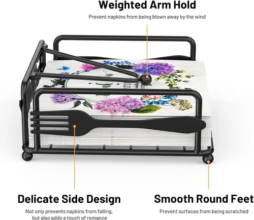 Vista 5 de Servilletero para mesa, dispensador de servilletas plano con brazo pesado, soporte cuadrado de papel de cóctel de elegante hierro rústico