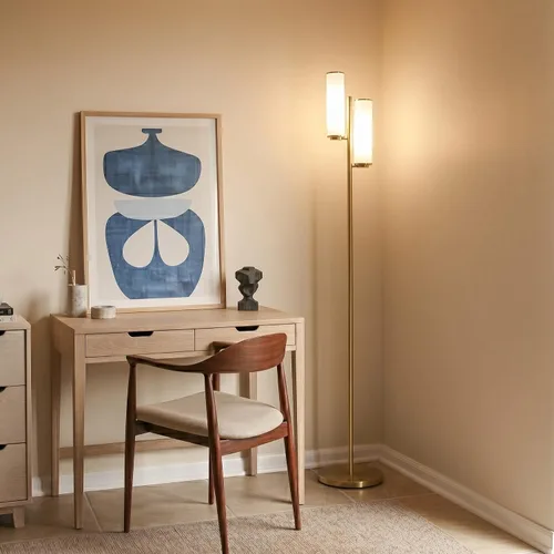 Vista 5 de Brightech Gemini - Lámpara de pie regulable con dos luces, moderna lámpara de árbol alto para dormitorio, oficina, sala de estar, oro/latón