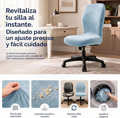 Vista 5 de Fundas elásticas de terciopelo para sillas de oficina sin brazos, funda elástica colorida para sillas de escritorio (azul bebé)