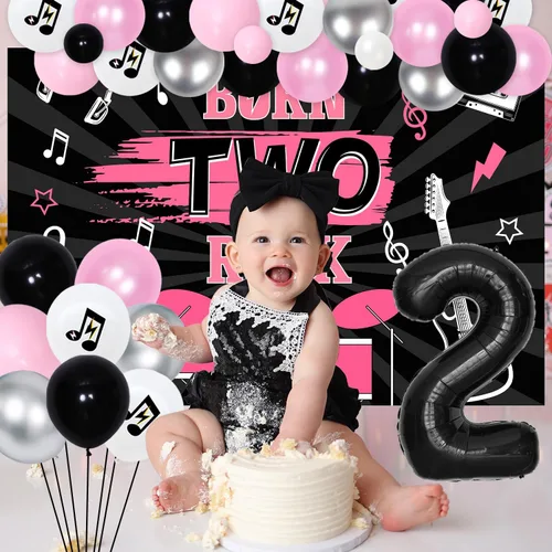 Vista 5 de 77 piezas de decoraciones de cumpleaños Born Two Rock para niñas, decoración de fiesta de segundo cumpleaños de Rock and Roll, telón de fondo de Rosa