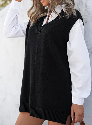 Vista 3 de EVALESS Chaleco Suéter de Gran Tamaño para Mujeres Cuello en V Sin Mangas Color Sólido Suéter Pullover Suelto