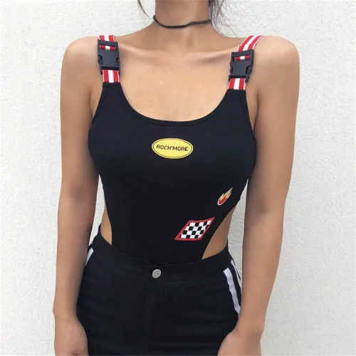 Vista 2 de malianna Body de cintura alta con estampado de rayas y estampado de fuego para mujer