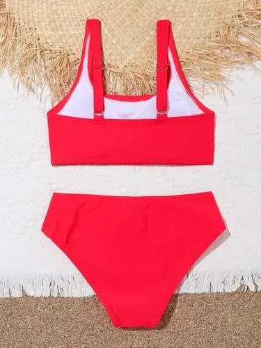 Vista 2 de OYOANGLE Traje de baño de dos piezas para niña, conjunto de bikini con cuello redondo, conjunto de bikini básico sólido