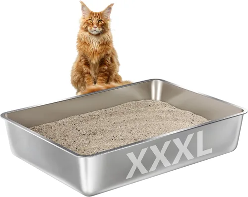 Vista 8 de Caja de arena de acero inoxidable, paquete de 2 cajas de arena de metal para gatos, caja de arena XL de acero inoxidable para gatos de 17.7 x 13.8 x