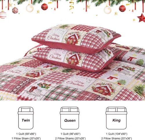 Vista 7 de Luxudecor Juego de edredón de Navidad tamaño Queen de 3 piezas, colcha de Navidad de retazos rojos con fundas de almohada, colcha reversible suave