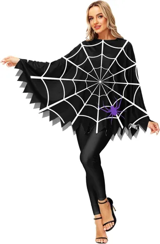 Vista 3 de Disfraz de calabaza de Halloween, capa de poncho de esqueleto de telaraña
