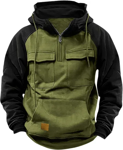 Vista 13 de Sudaderas tácticas para hombre, con cremallera de un cuarto, con capucha, manga larga, estilo cargo, entrenamiento, al aire libre, con bolsillo