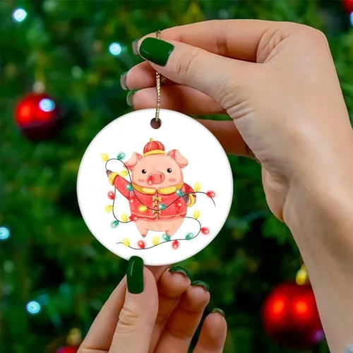 Vista 4 de Cheyan Adorno de Navidad de cerdo de animales y luces, adorno de árbol de Navidad para decoración del hogar, adorno de porcelana colgante de Navidad