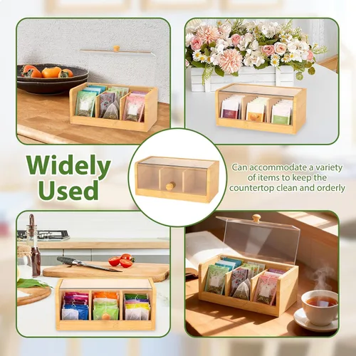 Vista 6 de Caja de té de bambú y acrílico con 3 compartimentos de 8.66 x 4.33 x 3.94 pulgadas, soporte decorativo para bolsitas de té con tapa transparente