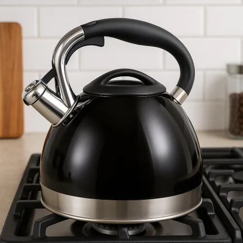 Vista 2 de Creative Home Triumph - Hervidor de té silbante de acero inoxidable, 3.5 cuartos de galón, tetera negra Base encapsulada de triple capa, mango