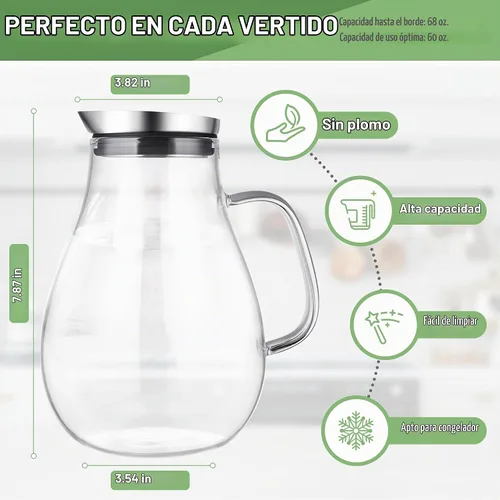 Vista 2 de SUSTEAS Jarra de vidrio de 2 litros y 68 oz con tapa y asa, borosilicato