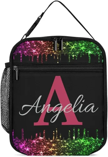 Vista 18 de Bolsa de almuerzo con nombre personalizado para hombres y mujeres, con monograma de purpurina azul, hielera, portátil, con nombre, para niñas
