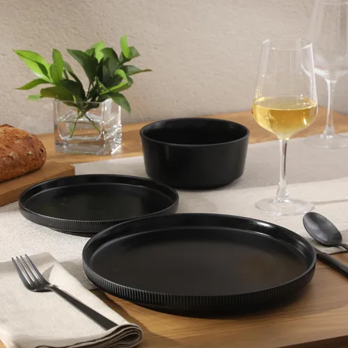 Vista 2 de Gibson Home Dempsey Road - Juego de vajilla de gres de 12 piezas – Servicio para 4, platos y cuencos redondos negros, juego moderno de platos