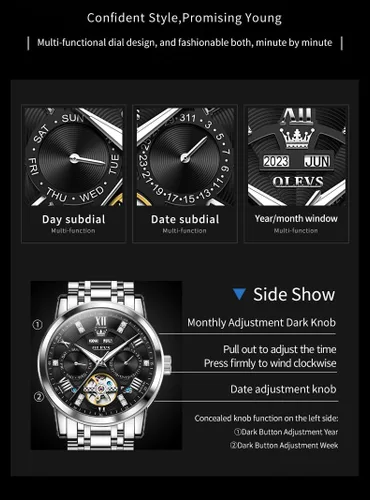 Vista 11 de OLEVS Relojes automáticos para hombre, oro de lujo, vestido de diamantes de cuerda automática, esqueleto mecánico, Tourbillon, reloj de pulsera