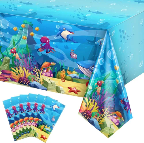 Vista 9 de Tiamon Paquete de 1 mantel de fiesta marina, animales del océano, criaturas submarinas, cubierta de mesa para decoración de fiesta de cumpleaños, 54