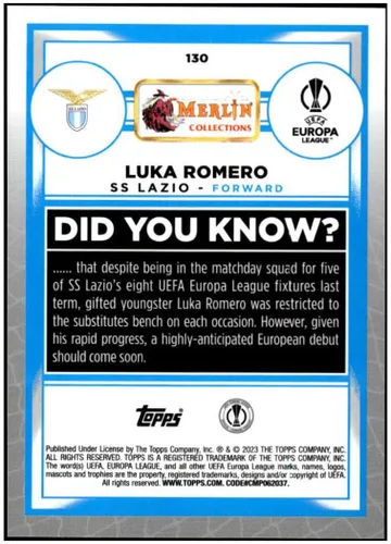 Vista 2 de LUKA ROMERO 2022-23 Topps Merlin Chrome UEFA #130 NM+-MT+ Fútbol