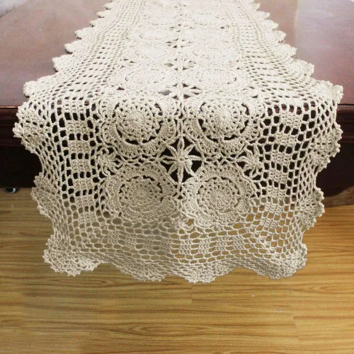 Vista 5 de KEPSWET Camino de mesa de encaje de ganchillo hecho a mano de algodón beige rectangular para decoración de mesa de café y cómoda (14 x 48 pulgadas)