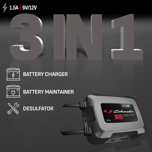 Vista 2 de Schumacher Electric 1.5A Cargador y mantenedor de batería de automóvil a bordo y solución 3 en 1, para baterías de 6V/12V de deportes acuáticos