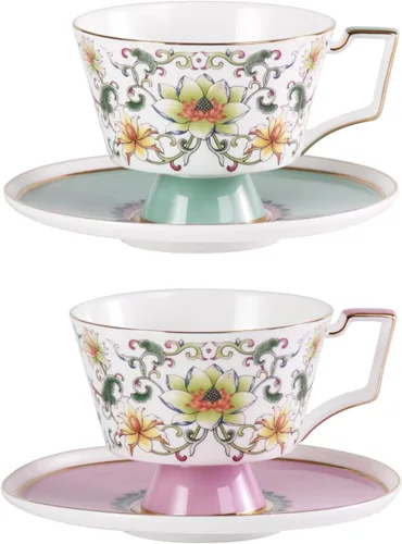 Vista 22 de KAMMAK Juego de 2 tazas de café de cerámica, tazas de café de porcelana con platillos, 6.52 onzas hechas a mano, elegante taza de té de porcelana