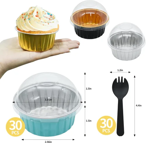 Vista 2 de Mini tazas de papel de aluminio para hornear cupcakes con tapas (30 unidades, 5 onzas), forros redondos de papel de aluminio para cupcakes, soporte
