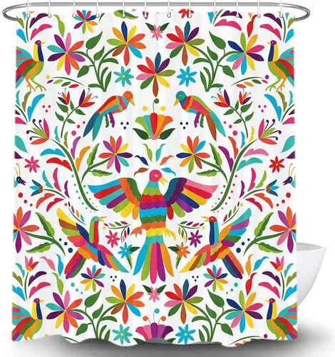 Vista 2 de Cortina de ducha con diseño floral de México, para baño, estilo tradicional mexicano Bluebird Otomi, diseño brillante, tela de cachemira, tela