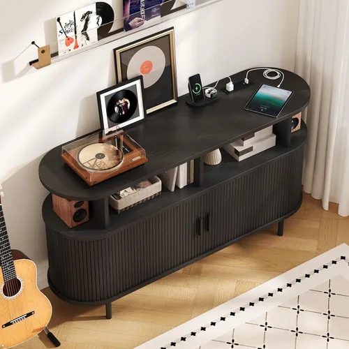 Vista 5 de Soporte redondo grande para tocadiscos de 55 pulgadas con estación de carga, gabinete de almacenamiento de discos de vinilo, soporte moderno