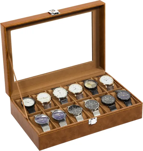 Vista 20 de Uten 12-Slot Watch Box, 2-Layers PU Leather Watch Case with Lock Negro