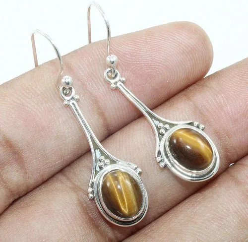 Vista 3 de Pendientes de ojo de tigre de plata de ley 925 para mujer, Plata de ley, Ojo de tigre