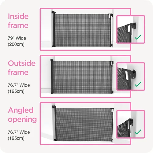 Vista 7 de Perma Child Safety Puerta retráctil para bebés para interiores y exteriores, 38.6 pulgadas de alto que se extiende hasta 79 pulgadas de ancho