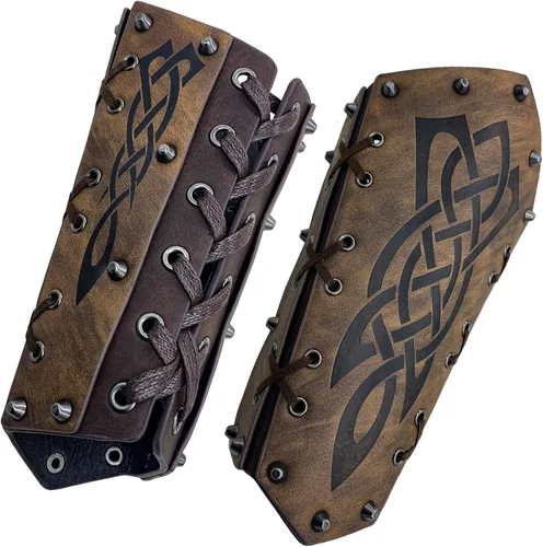 Vista 6 de HiiFeuer Armadura vikinga en relieve para el pecho con armadura medieval de muslo y brazos en relieve, disfraz retro vintage de bárbaro de piel