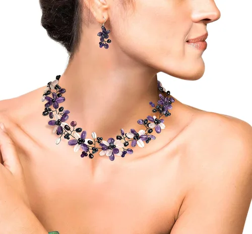 Vista 5 de AeraVida Conjunto de joyas de plata esterlina 925 floral de cuarzo morado y transparente, Plata esterlina, Cuarzo