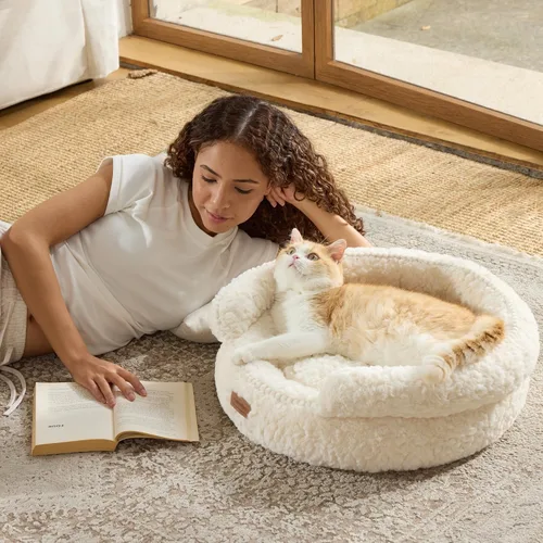 Vista 5 de FUKUMARU Cama para gatos de interior, cama para perros pequeños, lavable Crema