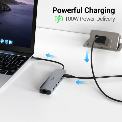 Vista 6 de Hub USB C, adaptador multipuerto USB C de JESWO con RJ45 Ethernet, 4K HDMI, 100 W PD, 3 puertos USB 3.0, base tipo C para laptop Thunderbolt 3
