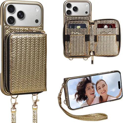 Vista 25 de Funda para iPhone 12 Pro/iPhone 12 de 6.1 pulgadas, cartera cruzada con cremallera para mujer, tarjetero con bloqueo RFID, funda de cuero con Negro
