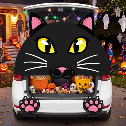 Vista 7 de JOYIN Kit de decoración de Halloween para maletero o golosinas, lindas calcomanías de gato de Halloween, decoraciones negras para SUV, puerta