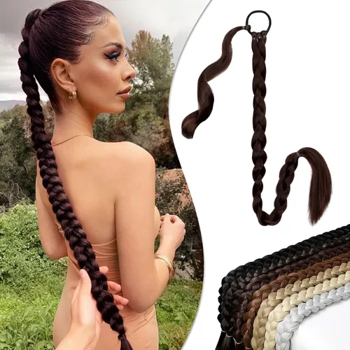 Vista 12 de Extensión de cola de caballo larga trenzada con banda para el cabello, color marrón claro, extensiones de cabello sintético suave y natural