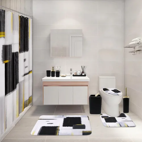 Vista 2 de XLHOMO Juego de baño – Juego de accesorios de baño negro, juegos de baño con cortina de ducha y alfombras, juego de cortina de ducha negra