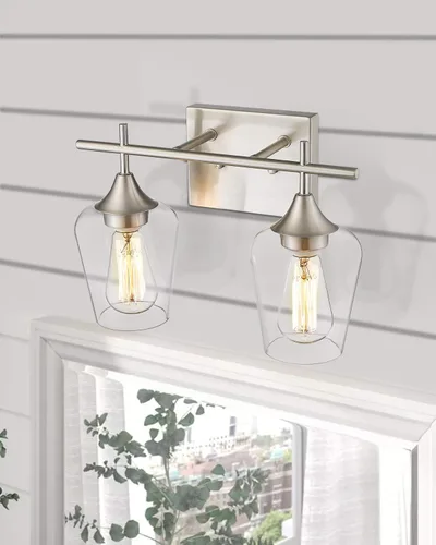 Vista 8 de WL9167-2C - Lámpara de baño de níquel cepillado de 15 pulgadas, lámpara moderna de pared de baño de granja con vidrio transparente
