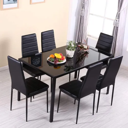 Vista 4 de Mesa de comedor negra de 47 pulgadas para 2-6 personas, mesa de comedor de vidrio templado con patas de metal, mesa rectangular de cocina
