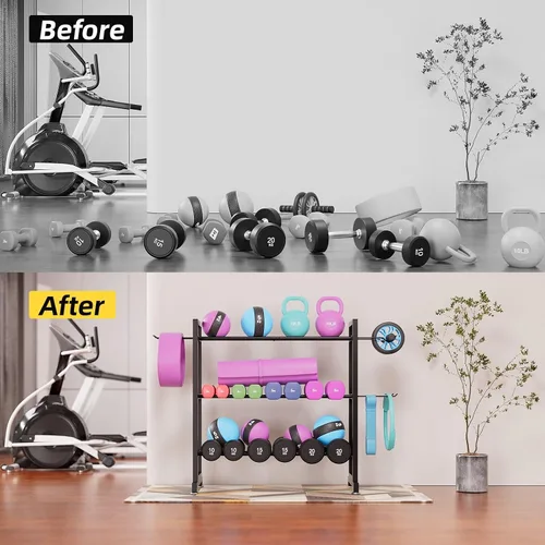 Vista 6 de Soporte ajustable de 3 niveles para mancuernas – Soporte de almacenamiento de peso de metal resistente para mancuernas, pesas rusas y más