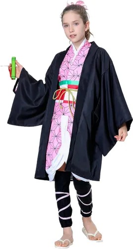 Vista 4 de SAMDIGO Disfraz de anime rosa para cosplay, kimono, trajes de capa, cinturón, mangas para piernas, Halloween, Navidad