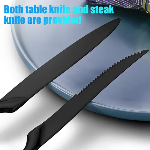 Vista 5 de Lemeya Juego de cubiertos negros de 24 piezas con cuchillos para carne, juego de cubiertos de acero inoxidable 18/10 forjado para 4, juego