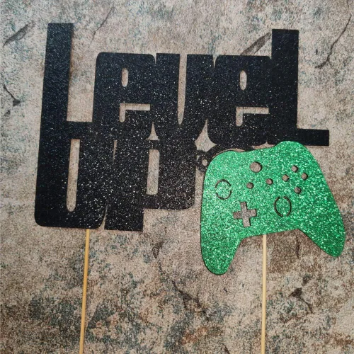 Vista 6 de Level Up - Decoración para tartas con purpurina negra y verde para fiesta de videojuegos, controlador de videojuegos, fanáticos de juegos, temática
