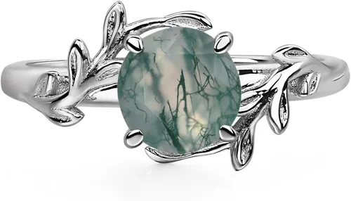 Vista 10 de Luo Anillos de Plata de Ley 925 de 7MM con Forma Redonda y Piedras Preciosas, Anillos de Compromiso con Diseño de Hoja, Anillos de Promesa